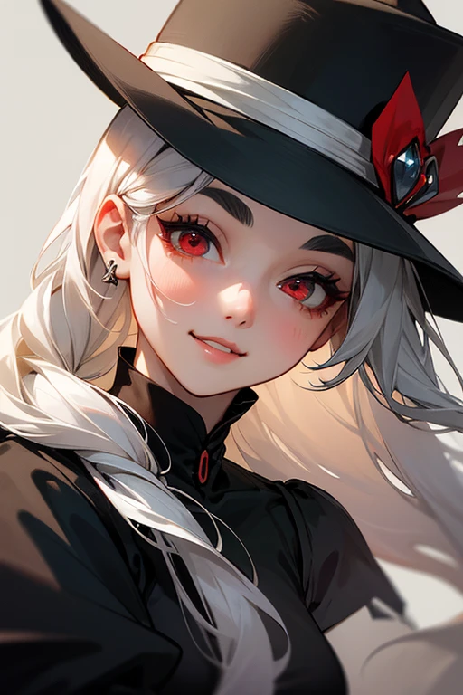 (Highest quality, masterpiece:1.2), High resolution, 最高masterpiece、Very detailed, Realistic:1.37, Fantasy, An illustration,Gray Hair、 Red eyes、Queen, Black Dress、beautifully、Eyeshadow Red、Thick eyebrows、Long eyelashes、pupils are black、shiny on the lips、Top Sites、Queen、Princess、A kind smile、Show your teeth a little and smile、Soft impression、people々々々々々々々Loved by、Slimming the face、Shoulder Bare、Sexy braids、Kissing Face、Long white hair、Shaggy Bangs、Save face image、hat、turn around、