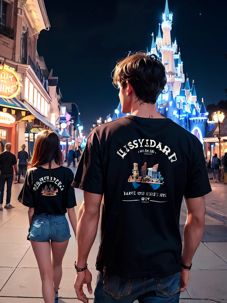 8K quality、Highest quality、Realistic, Image of a male and female couple、Disneyland in the background、Angle from behind、The neon lights are beautiful、Arms crossed、Stylish clothes、The man has fluorescent writing on the back of his clothes.、Letter N printed on men's clothing bag、For women, The back of the garment is fluorescentAContains characters、British punk rock style、Make the text on the back stand out、(((((Male and female couple)))))