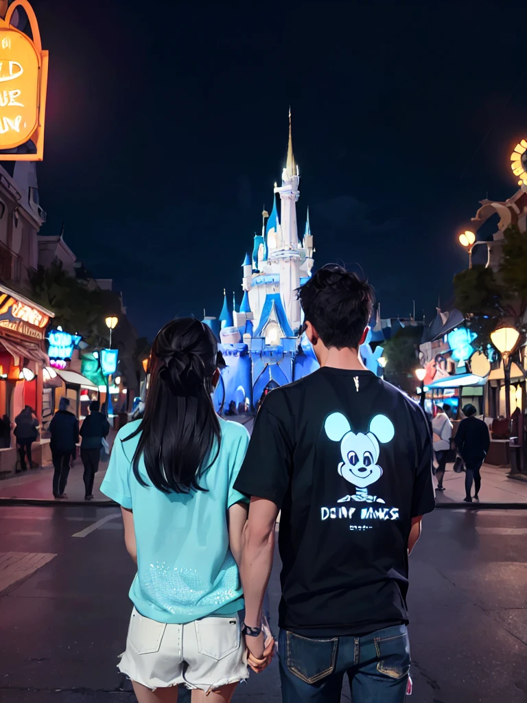 8K quality、Highest quality、Realistic, Image of a male and female couple、Disneyland in the background、Angle from behind、The neon lights are beautiful、Arms crossed、Stylish clothes、The man has fluorescent writing on the back of his clothes.、Letter N printed on men's clothing bag、For women, The back of the garment is fluorescentAContains characters、British punk rock style、Make the text on the back stand out、(((((Male and female couple)))))