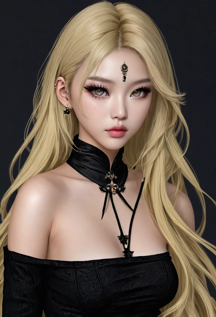 a pretty sexy blonde asian girl with almond eyes and slim body. You can see her entire body and she has everything very well defined. She has moles on her face and piercing. She has long hair. She does different sexy poses. Wear sexy clothes. It's gothic. has light colored eyes.