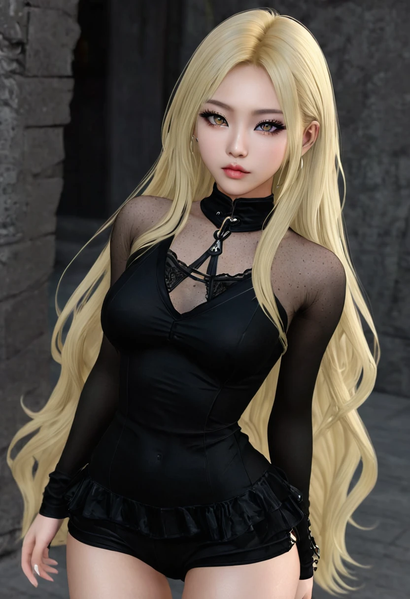 a pretty sexy blonde asian girl with almond eyes and slim body. You can see her entire body and she has everything very well defined. She has moles on her face and piercing. She has long hair. She does different sexy poses. Wear sexy clothes. It's gothic. has light colored eyes.