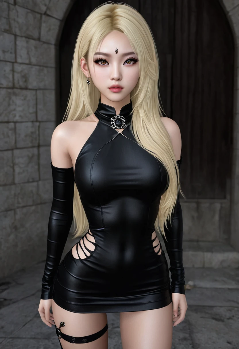 a pretty sexy blonde asian girl with almond eyes and slim body. You can see her entire body and she has everything very well defined. She has moles on her face and piercing. She has long hair. She does different sexy poses. Wear sexy clothes. It's gothic. has light colored eyes.