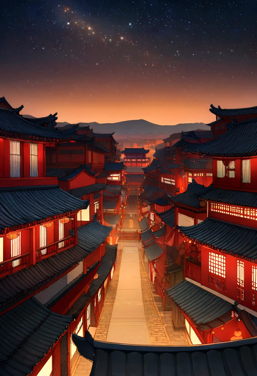 Sky view, ancient china town, historical town, Chinese ancient infrastructure, night, firefly, red lantern, low visibility, stars in the sky, willow trees, 16K, Ultra high definition, Ultra Detailed, Ultra mesmerising, Solemn Atmosphere