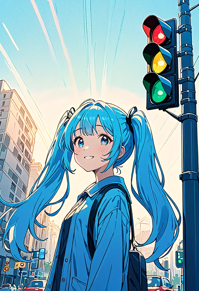 Traffic lights flashing blue against the sky、There is a woman looking up at a traffic light floating in the sky., Light blue long hair、Beautiful girl with twin tails、Bright smile、The traffic light is flashing blue、 Lo-fi art style, Nostalgic and melancholic artwork,