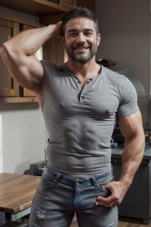 Award-winning original photoen, 30 years old man and wild muscular man, 40 years old, short beards, burly, hunk, wearing shirts, smilling happil, detailed, lovely, ((full body)), (((shirtless )))(((gray jeans))) 