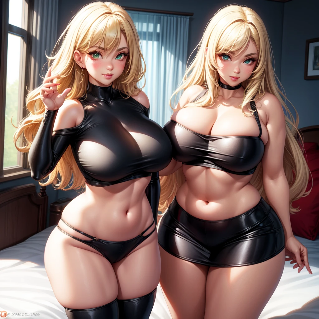 SOLO, one, ((1 gir)), Big round breasts, trendy, stylish, clevage, thighs, hips, realistic, blonde hair, light green eyes, lip gloss, detailed face, amazing big eyes, eye details, big lips, eyebrow details, black bikini, blush, confident, dominant, bdsm, smirk, naughty, mischevious face, HD, good quality, crop top, curvy, standing up, bedroom, indoors, thick thighs, attarctive, amazing body, perfect body