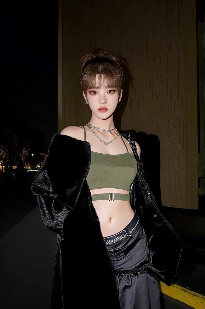 hay una mujer con una chaqueta negra y un top verde, cai xukun, jossi de blackpink, ella lleva ropa de calle, Physicist : the smallest abdomen ever seen, Jinyoung Shin, jia, con pelo corto, the smallest abdomen ever seen, little peep, parque jimin, e - girl, e-chica, portrait of jossi de blackpink, jimin de bts, park jimin de BTS, jimin park de BTS, Korea boy