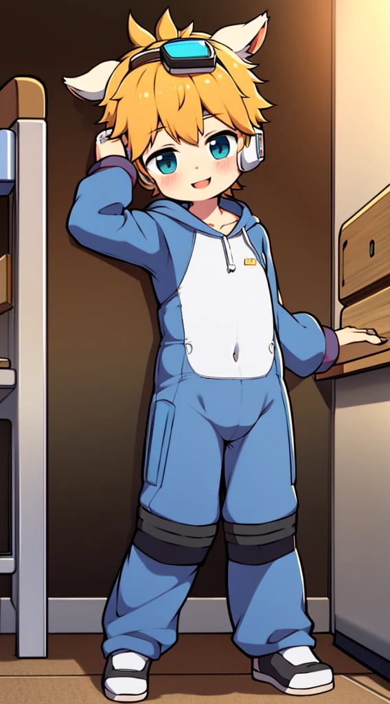 2D Shonen ,One-piece mountaineering suit,Put the headphones on your head,permanent,goggles,Cow ears,sports shoes,classroom,happy
