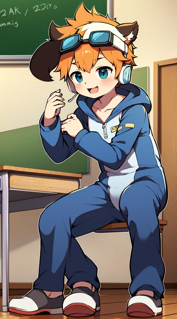 2D Shonen Shota,One-piece mountaineering suit,Put the headphones on your head,permanent,goggles,Cow ears,sports shoes,classroom,happy