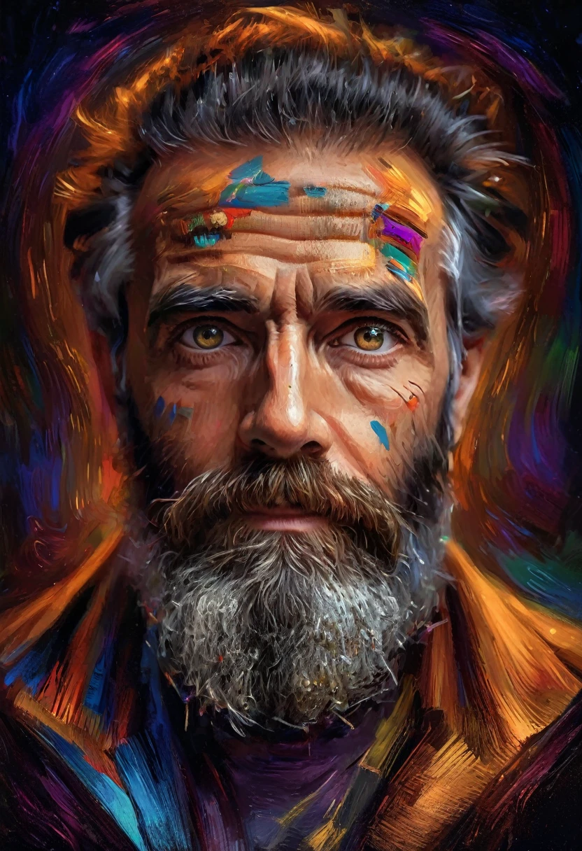 (realismo impressionista por csybgh), retrato de um engenheiro de software, he is creating universal prosperity and creating an artificial intelligence system, he has a wild beard and hypnotic eyes, iluminado por telas de computador, digital code motif, Obra de arte, 8K,,((whole body:1.4))