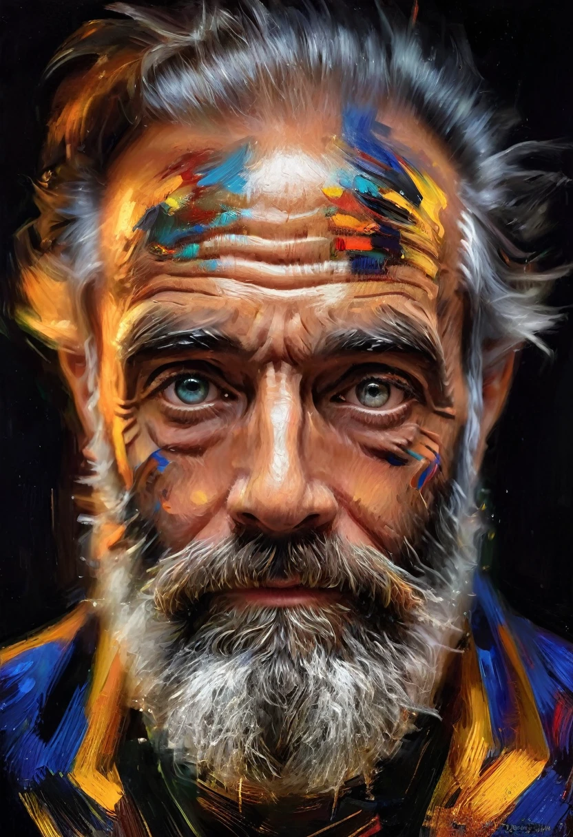 (realismo impressionista por csybgh), retrato de um engenheiro de software, he is creating universal prosperity and creating an artificial intelligence system, he has a wild beard and hypnotic eyes, iluminado por telas de computador, digital code motif, Obra de arte, 8K,,((whole body:1.4))