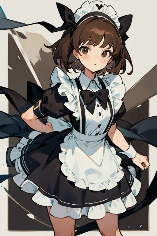 Mujer joven, semi short brown hair , in a maid outfit with a black bow in her hair 