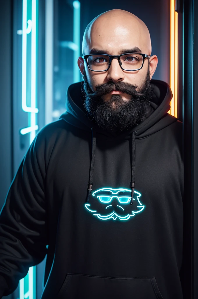 mustash bearded bald nerd avatar in glasses looking at camera with neon eyes and black hoodie