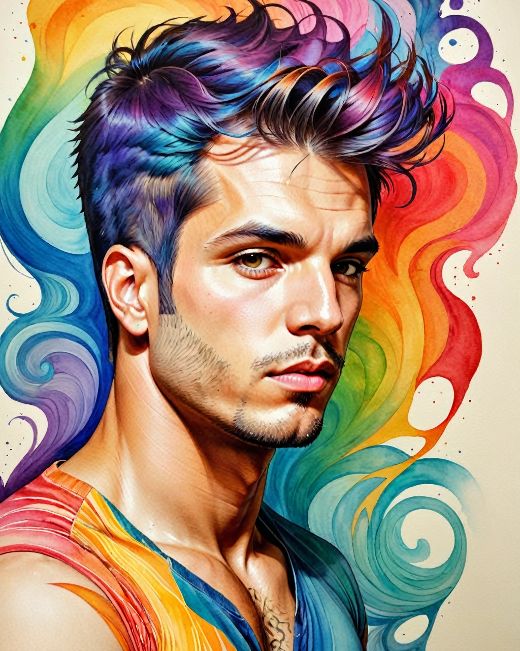 psychedelic style "uma pintura de um homem com tinta colorida no rosto, detailed retrato colorido, retrato de um  de retalhos, David Mack •, retrato colorido, rosto tatuado, inspirado em Hedi Xandt, Anton, Retrato altamente detalhado, colorful illustration, intricate heterochromatic sad, homem extremamente detalhista, retrato pintado centrado, homem tatuado, desenho colorido, retrato extremamente detalhado" . cores vibrantes, rotating patterns, formas abstratas, Surreal, alucinante,,((whole body:1.9))
