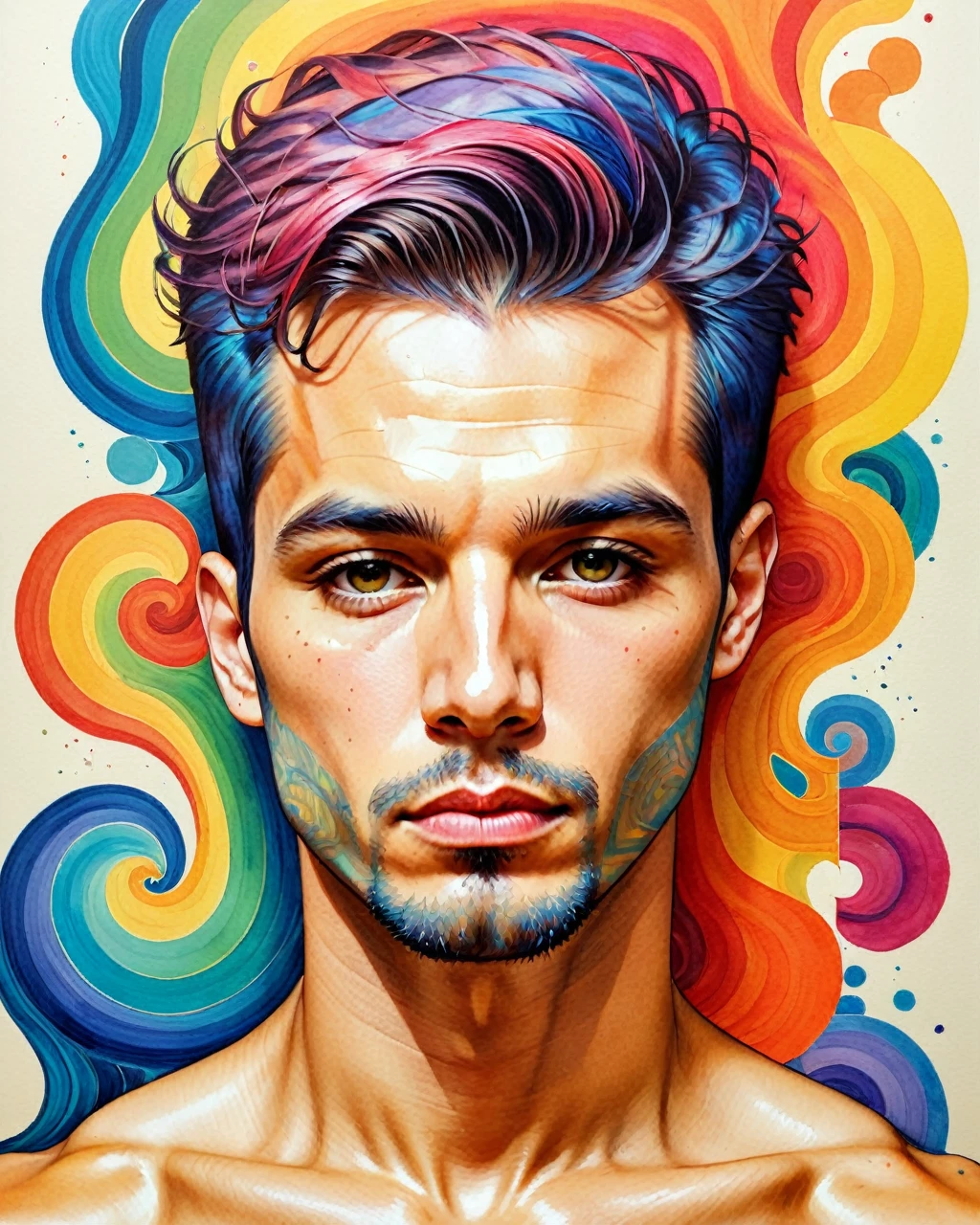 psychedelic style "uma pintura de um homem com tinta colorida no rosto, detailed retrato colorido, retrato de um ****** de retalhos, David Mack •, retrato colorido, rosto tatuado, inspirado em Hedi Xandt, Anton, Retrato altamente detalhado, colorful illustration, intricate heterochromatic sad, homem extremamente detalhista, retrato pintado centrado, homem tatuado, desenho colorido, retrato extremamente detalhado" . cores vibrantes, rotating patterns, formas abstratas, Surreal, alucinante,,((whole body:1.9))