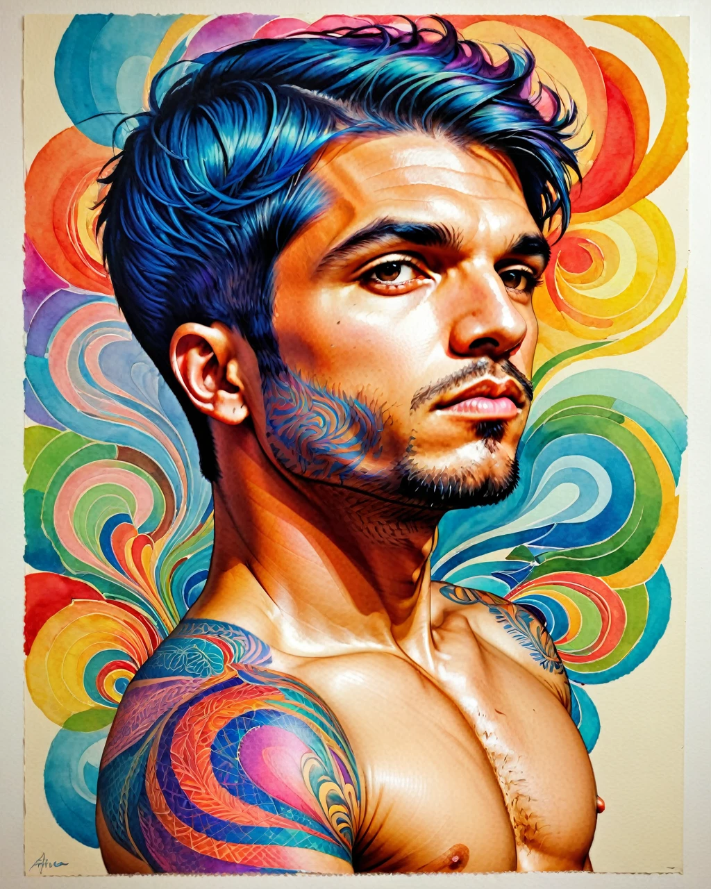 psychedelic style "uma pintura de um homem com tinta colorida no rosto, detailed retrato colorido, retrato de um menino de retalhos, David Mack •, retrato colorido, rosto tatuado, inspirado em Hedi Xandt, Anton, Retrato altamente detalhado, colorful illustration, intricate heterochromatic sad, homem extremamente detalhista, retrato pintado centrado, homem tatuado, desenho colorido, retrato extremamente detalhado" . cores vibrantes, rotating patterns, formas abstratas, Surreal, alucinante,,((whole body:1.9))