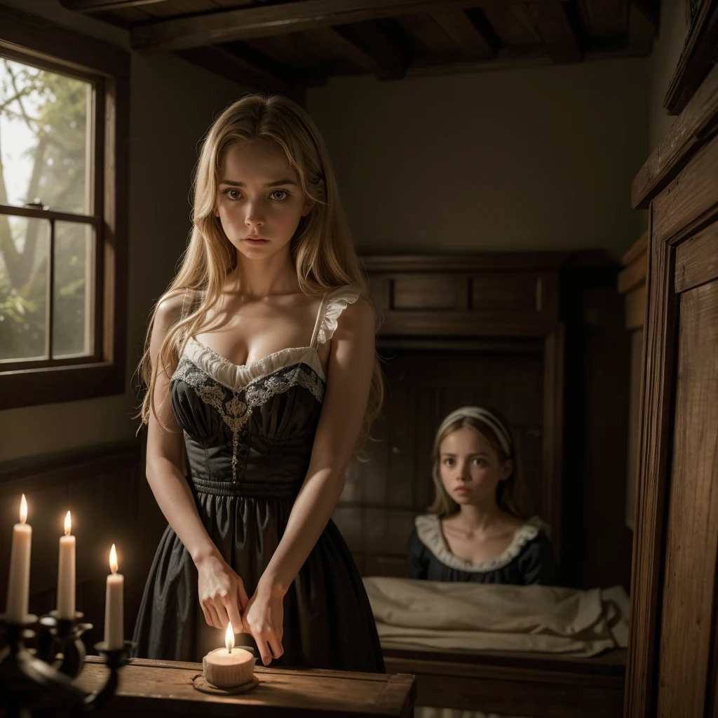 Caroline Ellis is in the dark, dusty attic of the Devereaux mansion, segurando uma lanterna. Ela encontra um quarto oculto cheio de artefatos de vodu, incluindo bonecas de vodu, velas pretas e livros antigos com capas desgastadas. A luz da lanterna ilumina parcialmente o ambiente, criando sombras misteriosas. Caroline has an expression of surprise and uneasiness as she observes the objects around her.