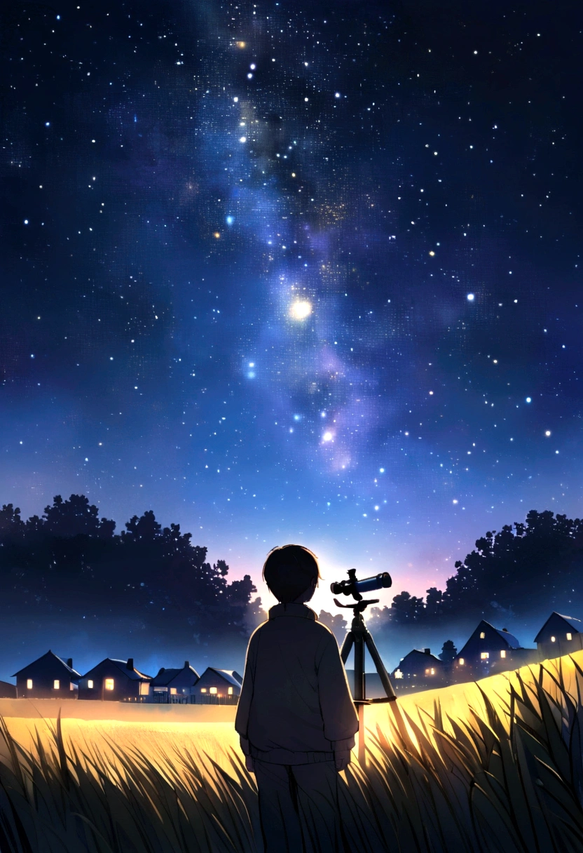 A starry night in the small town of Serena. A boy is in his backyard, looking at the sky with a telescope. On the horizon, an intense and bright light crosses the sky and lands gently in a nearby field, illuminating the surrounding area.