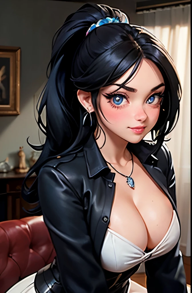 raven black hair in a high ponytail, crystal blue eyes, sassy 25 years old, busty, cleavage, unbuttoned , skirt, standing, coy smile, parted lips, (blushing:1.3), looking invitingly at the viewer, facing the viewer, livingroom background, leaning forward on table, (pov), glowing eyes, necklace, earrings, nsfw,