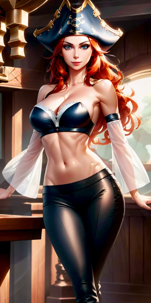 (masterpiece, best quality)1.5, 1girl, solo, (sexy, beautiful woman, perfect face, perfect eyes)1.5, (sarah fortune, miss fortune, black pants, knee-high boots, black midriff, cutlass sword, pirate hat, black bra, strap slip, bare shoulders, detached sleeves, wide white sleeves, pants ), (standing inside the captain's room of a pirate ship)1.5, (orange hair, blue eyes), (medium breasts:1.5), (perfect female body:1.5), seductive smile, perfect lighting, smooth, hdr, 8k resolution,