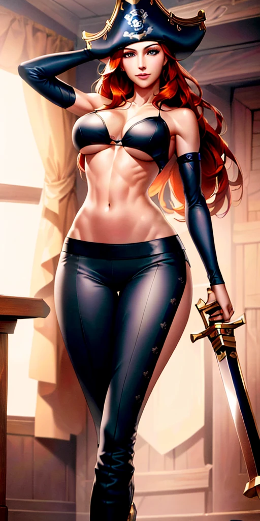 (masterpiece, best quality)1.5, 1girl, solo, (sexy, beautiful woman, perfect face, perfect eyes)1.5, (sarah fortune, miss fortune, black pants, knee-high boots, black midriff, cutlass sword, pirate hat, black bra, strap slip, bare shoulders, detached sleeves, wide white sleeves, pants ), (standing inside the captain's room of a pirate ship)1.5, (orange hair, blue eyes), (medium breasts:1.5), (perfect female body:1.5), seductive smile, perfect lighting, smooth, hdr, 8k resolution,
