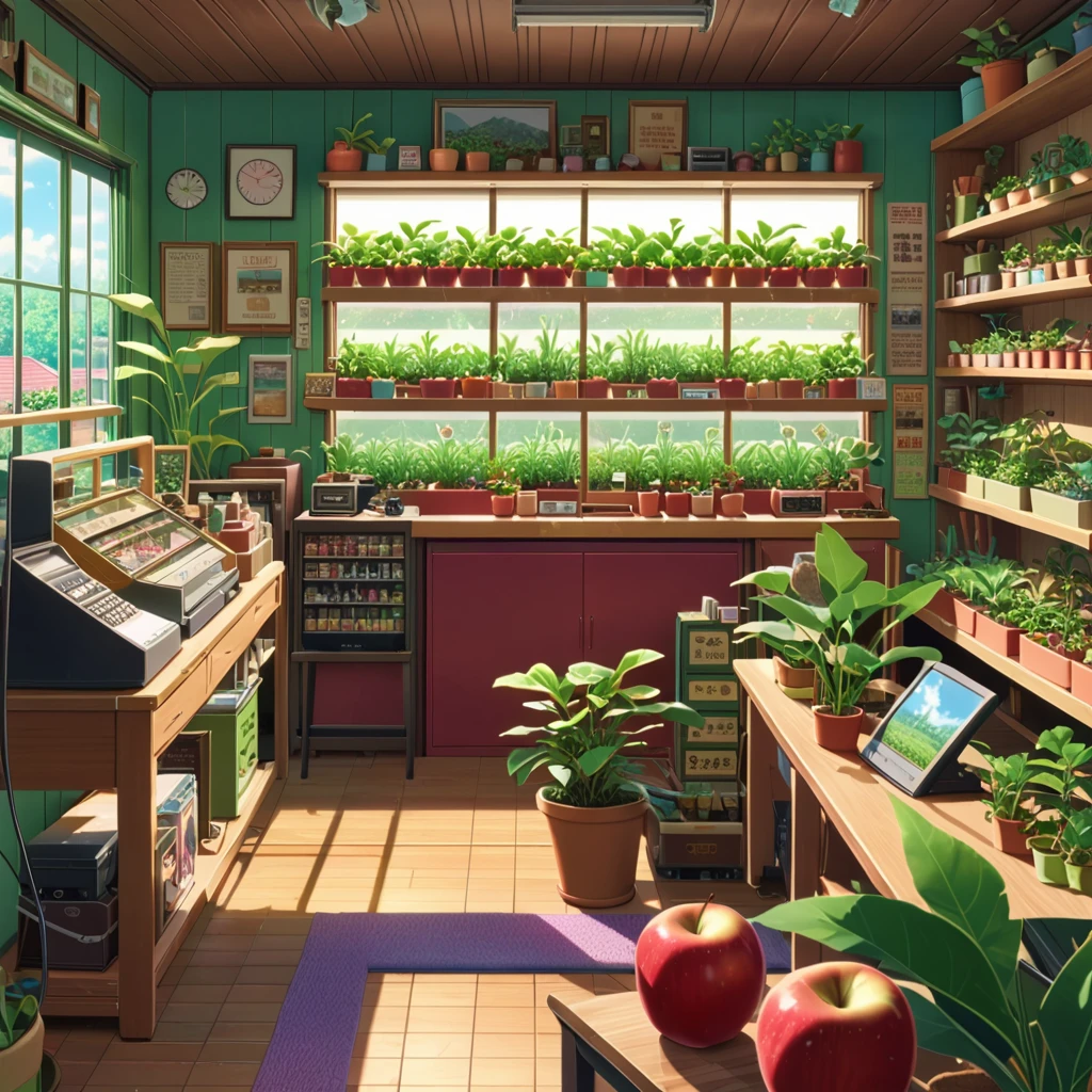 ((anime:1.4,illustration)),(masterpiece, top quality, best quality),(ultra-detailed, absolutely resolution),((16k, high res)), (((a miniature of a model of a plants shop inside an apple, incredibly detailed, a microscopic photo, photorealism)) ((cosy lofi illustration:1.4)), ((anime:1.4, illustration)),(masterpiece, top quality, best quality),(ultra-detailed, absolutely resolution),((16k, high res)) BREAK {lofi art, style of Laurie Greasley, style of Makoto Shinkai, anime aesthetic}, BREAK { (produces images with information than 40 million pixels with cinematic-like detailed textures shot on a Sony SLR).}