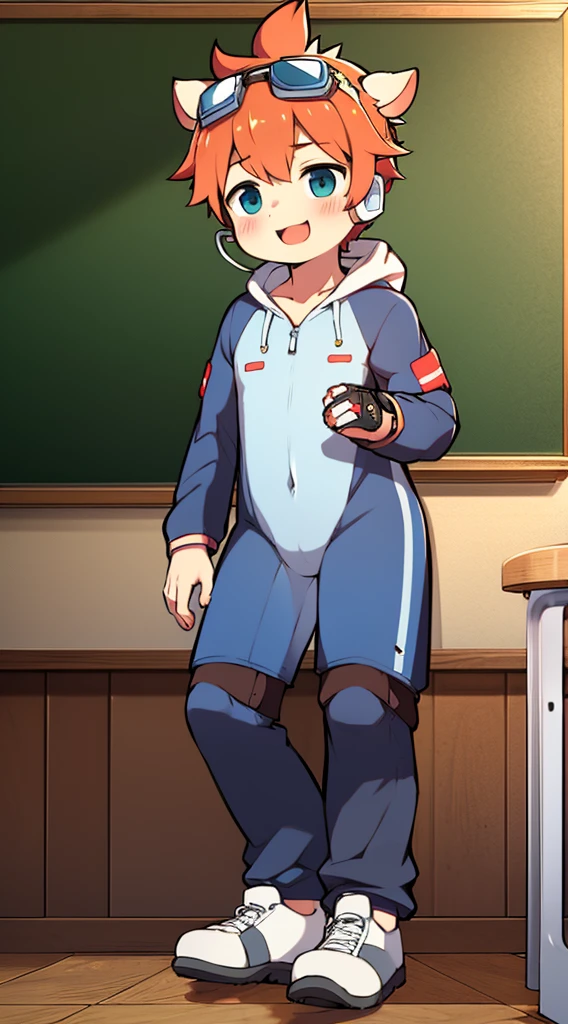 2D Shonen Shota,One-piece mountaineering suit,Put the headphones on your head,permanent,goggles,Cow ears,sports shoes,classroom,happy