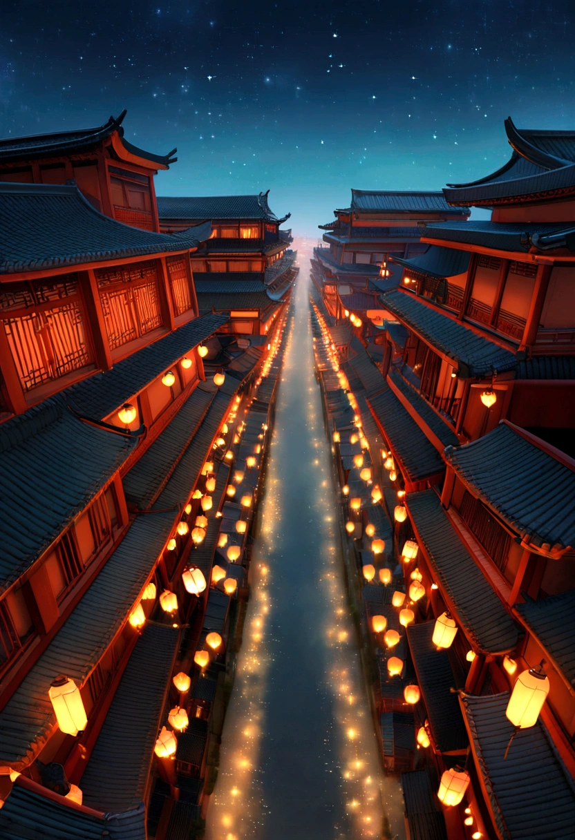 Sky view, ancient china town, historical town, Chinese ancient infrastructure, night, firefly, red lantern, low visibility, stars in the sky, willow trees, 16K, Ultra high definition, Ultra Detailed, Ultra mesmerising, Solemn Atmosphere 