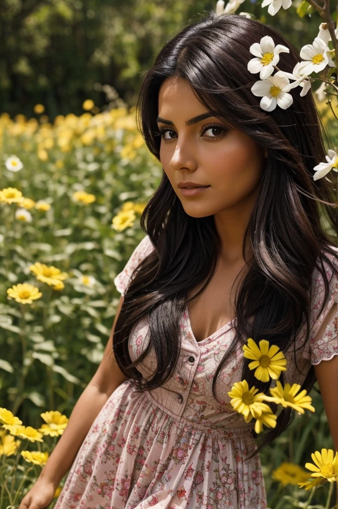 Mujer de piel morena clara, cabello negro,
En medio de campo de flores