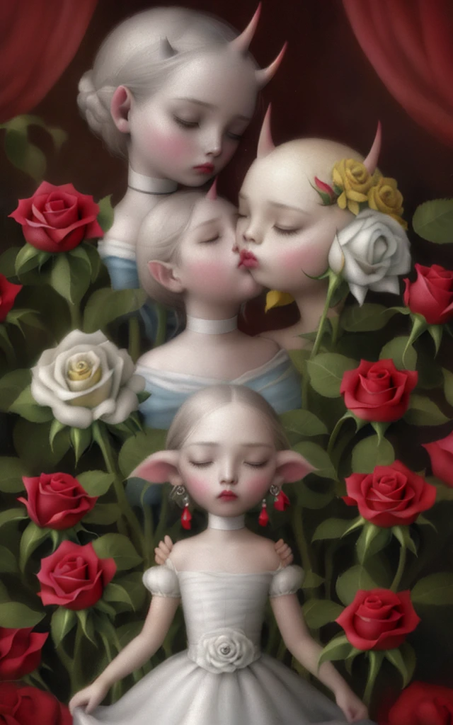 (masterpiece, best quality),pink rose background,profile,close shot,:3,white choker,closed eyes,flower,white dress, small horns, bare_shoulders,collarbone,earrings,jewelry,(flower, rose:1.5),hair behind ear,(pointy ears), facing_away, mark ryden style, cute, lowbrow, flowers, vibrant, details, painting. 