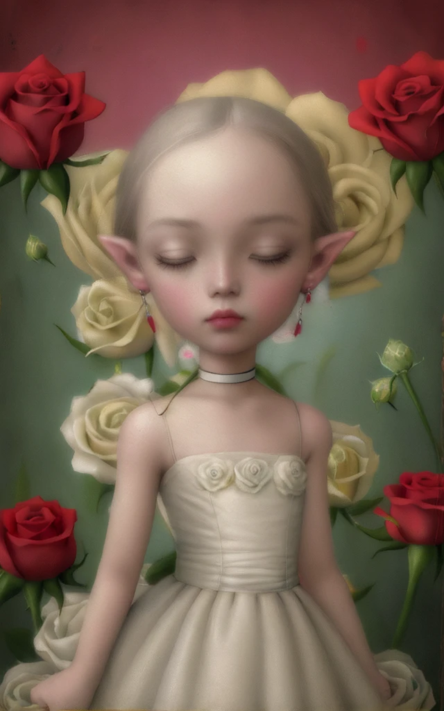 (masterpiece, best quality),pink rose background,profile,close shot,:3,white choker,closed eyes,flower,white dress, small horns, bare_shoulders,collarbone,earrings,jewelry,(flower, rose:1.5),hair behind ear,(pointy ears), facing_away, mark ryden style, cute, lowbrow, flowers, vibrant, details, painting. 