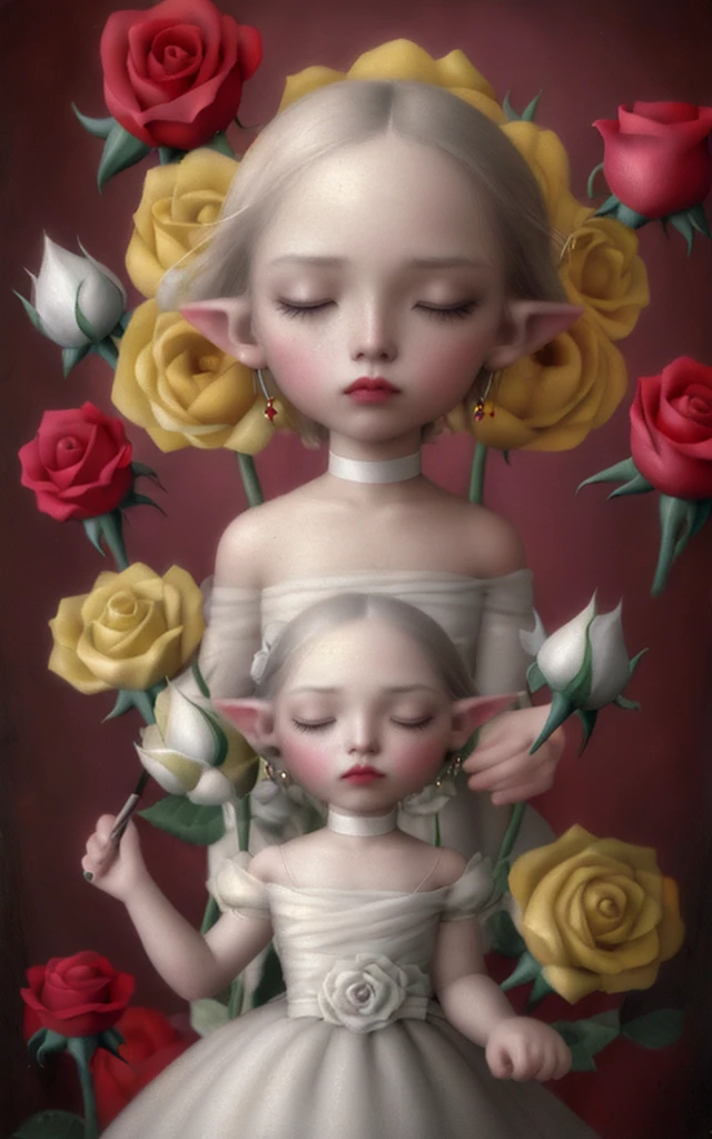 (masterpiece, best quality),pink rose background,profile,close shot,:3,white choker,closed eyes,flower,white dress, small horns, bare_shoulders,collarbone,earrings,jewelry,(flower, rose:1.5),hair behind ear,(pointy ears), facing_away, mark ryden style, cute, lowbrow, flowers, vibrant, details, painting. 