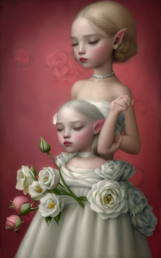 (masterpiece, best quality),pink rose background,profile,close shot,:3,white choker,closed eyes,flower,white dress, small horns, bare_shoulders,collarbone,earrings,jewelry,(flower, rose:1.5),hair behind ear,(pointy ears), facing_away, mark ryden style, cute, lowbrow, flowers, vibrant, details, painting. 