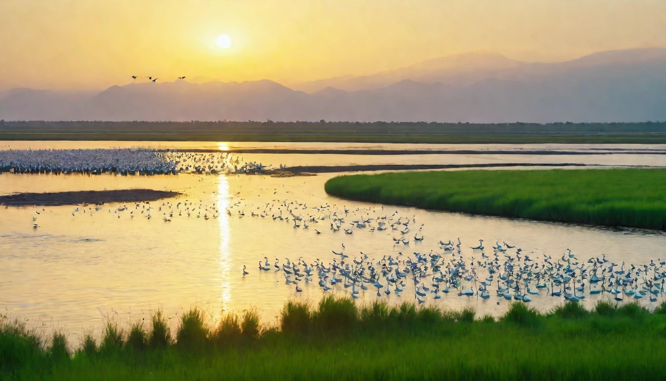 Sunset，Golden，Wetland Park，Close-up of green grass，Red Suaeda in the middle，river，Elk in the water in the distance，Hundreds of swans flying in the sky，There is a big bird in the water in the lower right corner，HD，8k。raw，Photography masterpieces by international masters