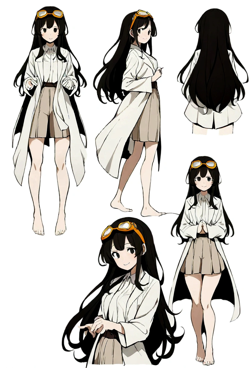 Woman with hunched back, {alone} ,{{{Looking at viewer}}},{{{You can see the toes}}},Concept Art, White Background, Simple ground,Long Hair,Waist-length perm hair, {{{Description of the whole body}}} , {{{It is drawn up to the feet}}},girl wearing a white coat, Highest quality, masterpiece,Cowboy Shot, Looking_return,I have a toolbox, Neutral Man,, young,22 years old, Black Hair,Simple white coat, Long-sleeved lab coat, Beautiful and delicate black eyes, holding a spanner,White teeth,Droopy eyes, Black Hairの目,smile,young,Wear goggles on your head,transparent_returnground, returnlighting, White Background, High resolution, Very detailed, information,Low length,8k,Official Art