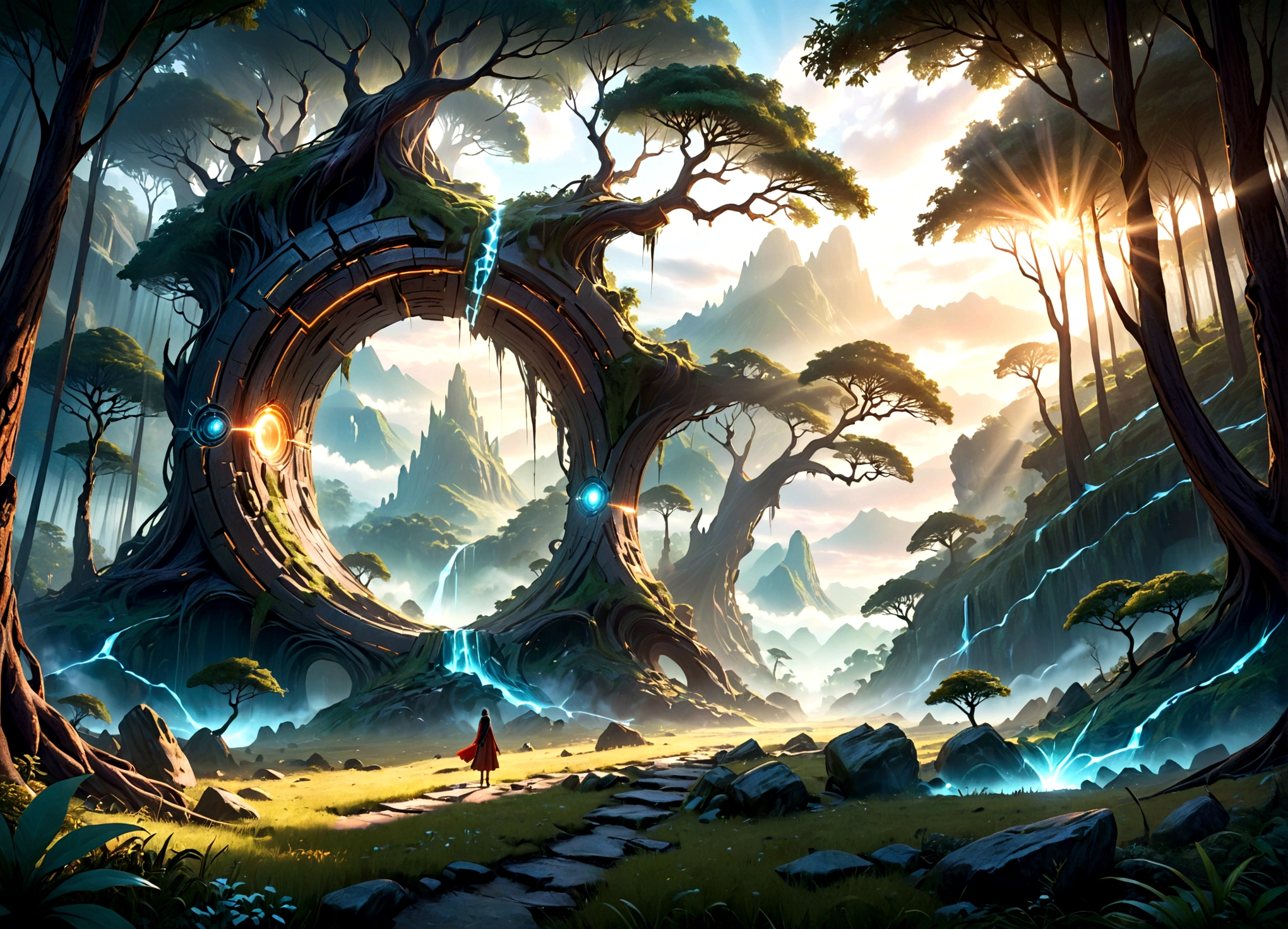 a dimensional rift in the forest,opening to another world,lush green forest,ancient trees,sunlight streaming through the rift,wisps of magical energy,mysterious portal,otherworldly landscape beyond the rift,fantasy environment,digital art,highly detailed,cinematic lighting,8k,photorealistic,stunning colors,dramatic composition