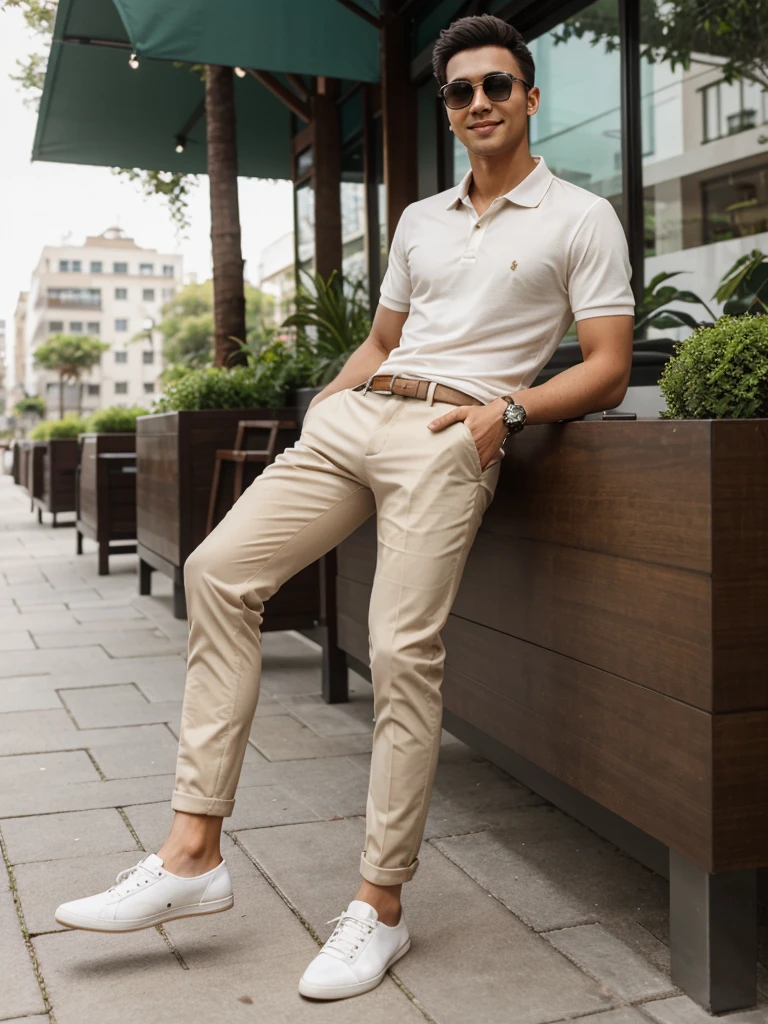 A young and modern man, wearing a fitted neutral-colored polo shirt and elegant chino pants, paired with casual leather shoes. He is in a relaxed yet stylish setting, such as a chic café or a well-maintained urban park. He is accessorized with stylish sunglasses and a modern watch. His posture is relaxed but confident, with a slight smile. The image should convey a successful and laid-back lifestyle.