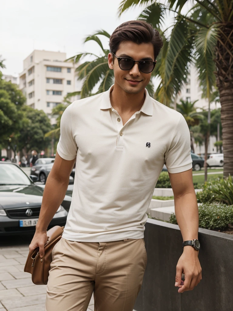 A young and modern man, wearing a fitted neutral-colored polo shirt and elegant chino pants, paired with casual leather shoes. He is in a relaxed yet stylish setting, such as a chic café or a well-maintained urban park. He is accessorized with stylish sunglasses and a modern watch. His posture is relaxed but confident, with a slight smile. The image should convey a successful and laid-back lifestyle.