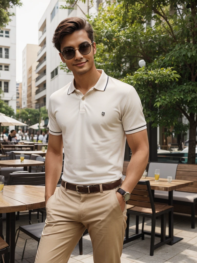 A young and modern man, wearing a fitted neutral-colored polo shirt and elegant chino pants, paired with casual leather shoes. He is in a relaxed yet stylish setting, such as a chic café or a well-maintained urban park. He is accessorized with stylish sunglasses and a modern watch. His posture is relaxed but confident, with a slight smile. The image should convey a successful and laid-back lifestyle.