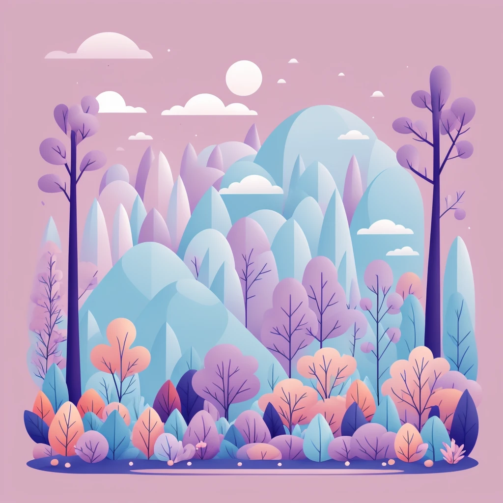 Abstract spring illustratin, minimal, vector, combination of natural and geometric, two-dimensional, using pale violet color tone, violet pastel color