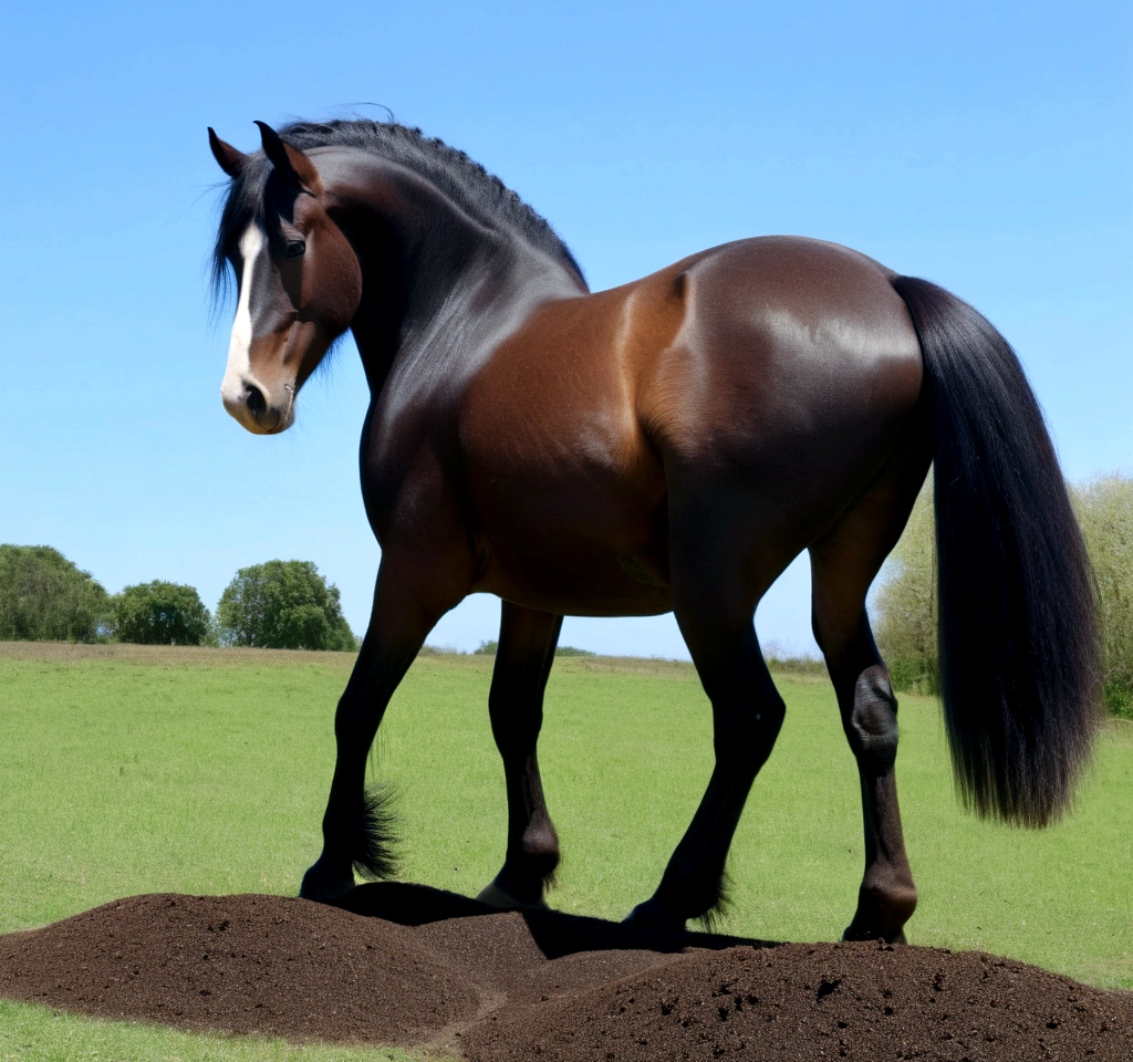 masterpiece, best quality, huge Shire horse, big bum horse, BREAK, very dark skinned, African, BBW, riding horse. very short horse tail, nude, very short hair, grass field, blue sky, 4 piles of horse dung on ground