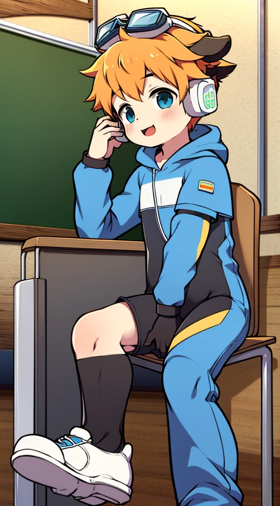 2D Shonen Shota,One-piece mountaineering suit,Put the headphones on your head,permanent,goggles,trumpet,Cow ears,sports shoes,classroom,happy