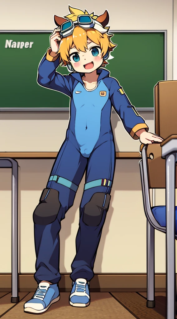 2D Shonen Shota，One-piece mountaineering suit，Put the headphones on your head，permanent，goggles，trumpet，Cow ears，sports shoes，classroom，happy