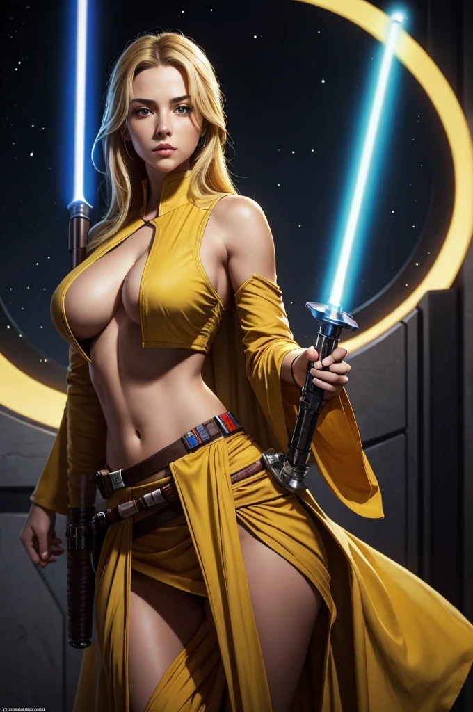 Beautiful. Jedi bastila shan. Beautiful eyes and hair. Sexy outfit. Blonde hair. Single lightsaber . Brown and yellow sexy outfit. Perfect body. Outfit is very revealing. Big breast. Perfect body