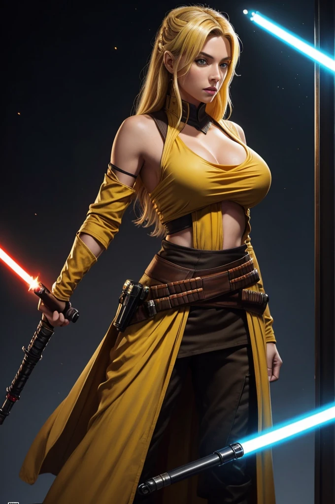((masterpiece, best quality, cinematic, photorealistic, ultra-detailed)), ((medium shot:1.5)), ((perfect anatomy, perfect eyes, perfect hands, large cleavage, round legs, round ass)), ((alluring girl kunoichi)), ((sandy blonde hair, pulled back into a tight bun, with a few loose strands falling around her face)), ((a beige and sand-colored ninja robe:1.2)), ((snake-shaped arm guards, a desert-themed headband, and a belt with hidden compartments)), ((dynamic background:1.3)), ((sensual pose))