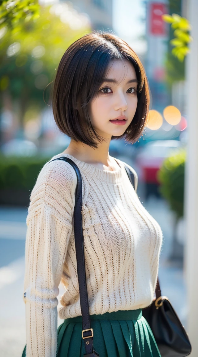  Highest quality, shape, Very detailed, finely, High resolution, 8k wallpaper, 完璧なダイナミックな構shape, Beautiful and exquisite,  Natural Lip, whole body, front,Shyness、Embarrassed expression、Large Breasts、Slightly sagging breasts、Bob Cut Hair、University classroom、Pleated skirt、((looking at the camera))、Brown Hair、sweater、(((1 crossbody bag)))、ノースリーブsweater,strap between breasts, shoulder strap passes between the breasts, bag, ,((The camera shoots from the side)),