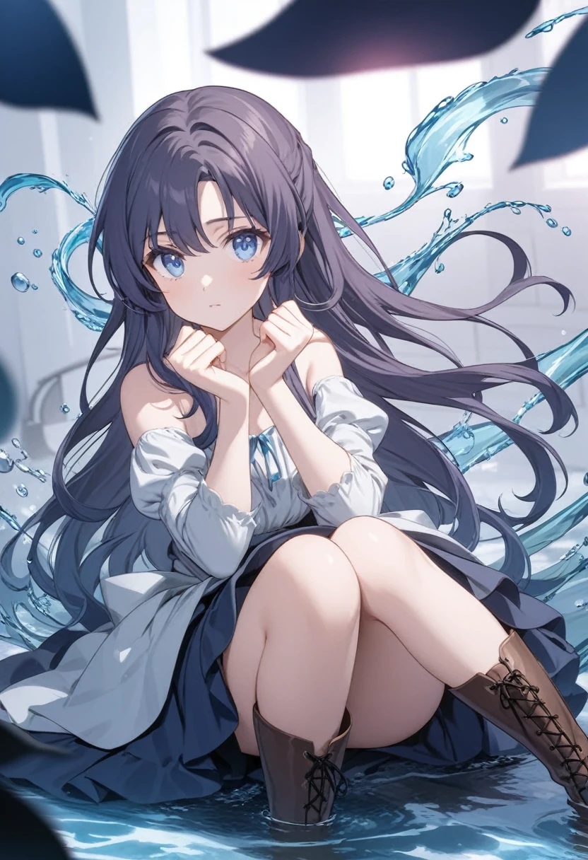 20 years old anime girl, with short dark blue hair to the shoulders, a serious yet tender expression, and bright light blue eyes. She dresses in an antique style, wearing a long dark blue skirt that reaches her knees, and small dark brown boots up to her ankles. Her white blouse is long-sleeved, covering her fingers slightly, and falls off one shoulder, leaving it exposed. She possesses water powers and has a water-themed background. 