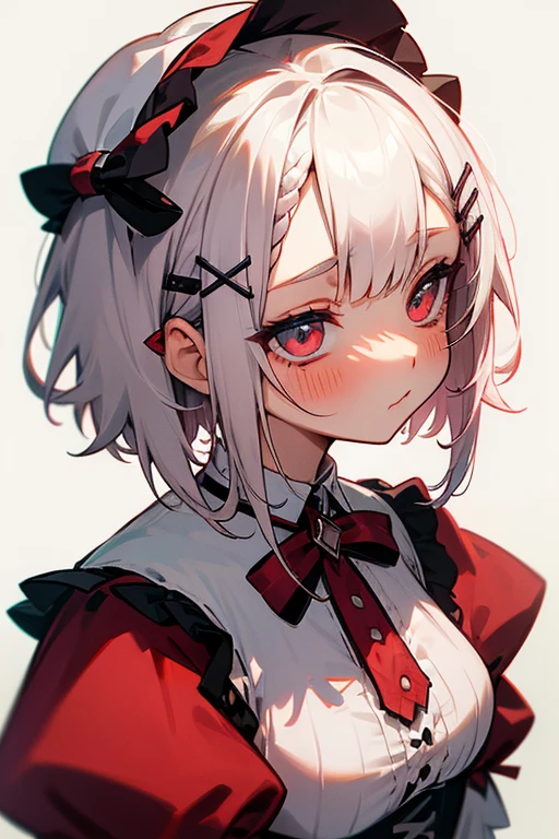 Short white hair, blush, Gothic Lolita、Punk Fashion、Headbang 2.、White and red clothes、Braiding、2 hair clips、