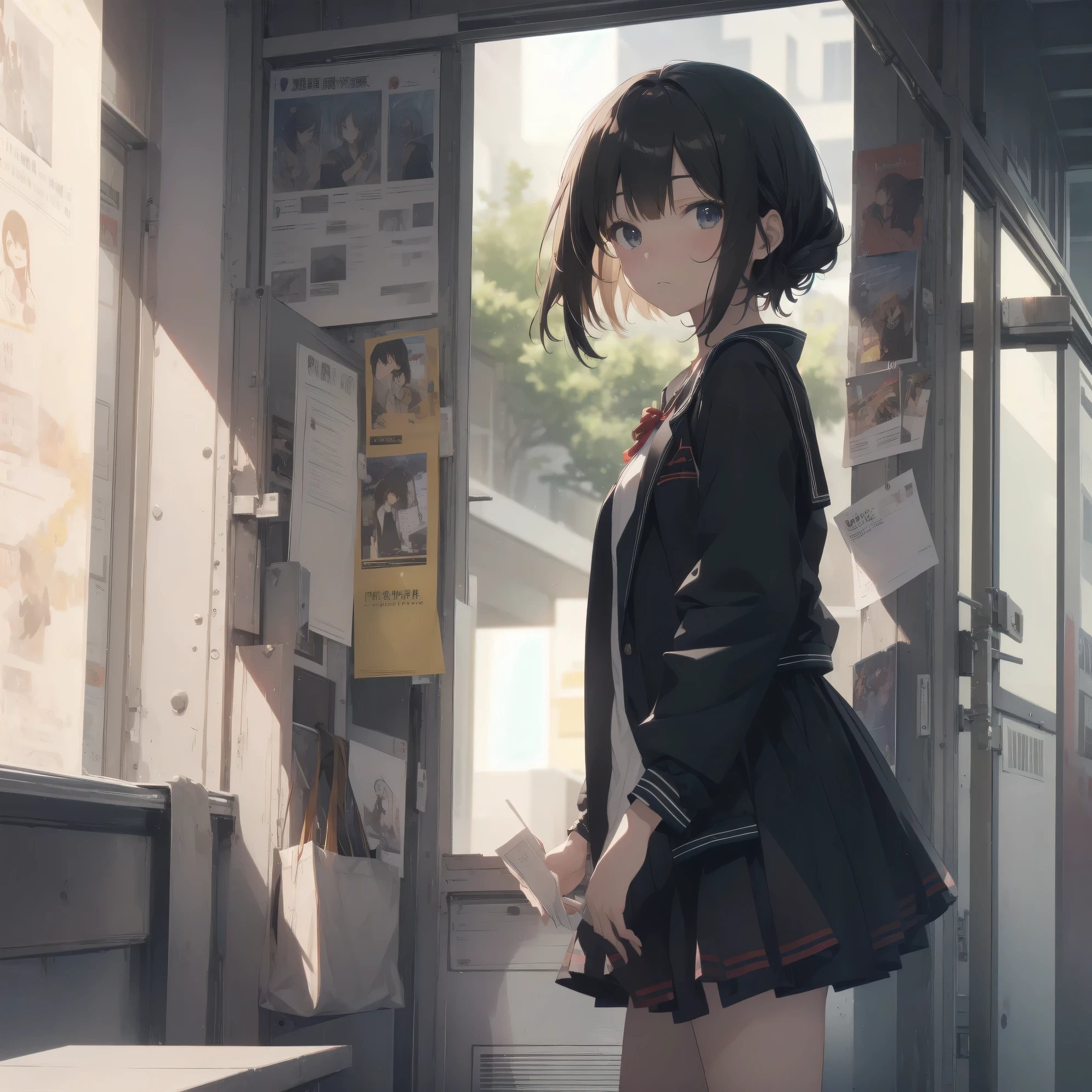 ultra-absurdres-Top quality by artist God, ultra-detailed, high resolution, anime moe artstyle, best anime 8k konachan wallpaper, pixiv contest winner, pool:2810, perfect anatomy,break, 1girl, (Please draw a girl walking sleepily to school alone. )break,(Solo,little female, 13-year-old:1.3),Full limbs, complete fingers,a junior high school student, (very short hair), short cut, flat chest, , small butt, small black eyes, beautiful detailed eyes, well-proportioned iris and pupils, expressive eyes, highres detailed hair, soft expression, salor school_uniform, sailor collar, serahuku, bow, pleated skirt,(Detailed Lighting), (Detailed background), in the School commute route. break,super detailed skin, Best cinematic lighting powered by famous artist, 8k,beauty illustration,photoshop_(medium),very aesthetic,break,((artist:takafumi )), artist:clamp ,artist:carnelian ,artist:kantoku ,