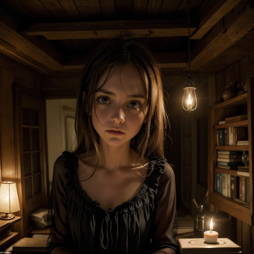 Caroline Ellis is in the dark, dusty attic of the Devereaux mansion, segurando uma lanterna. Ela encontra um quarto oculto cheio de artefatos de vodu, incluindo bonecas de vodu, velas pretas e livros antigos com capas desgastadas. A luz da lanterna ilumina parcialmente o ambiente, criando sombras misteriosas. Caroline has an expression of surprise and uneasiness as she observes the objects around her.